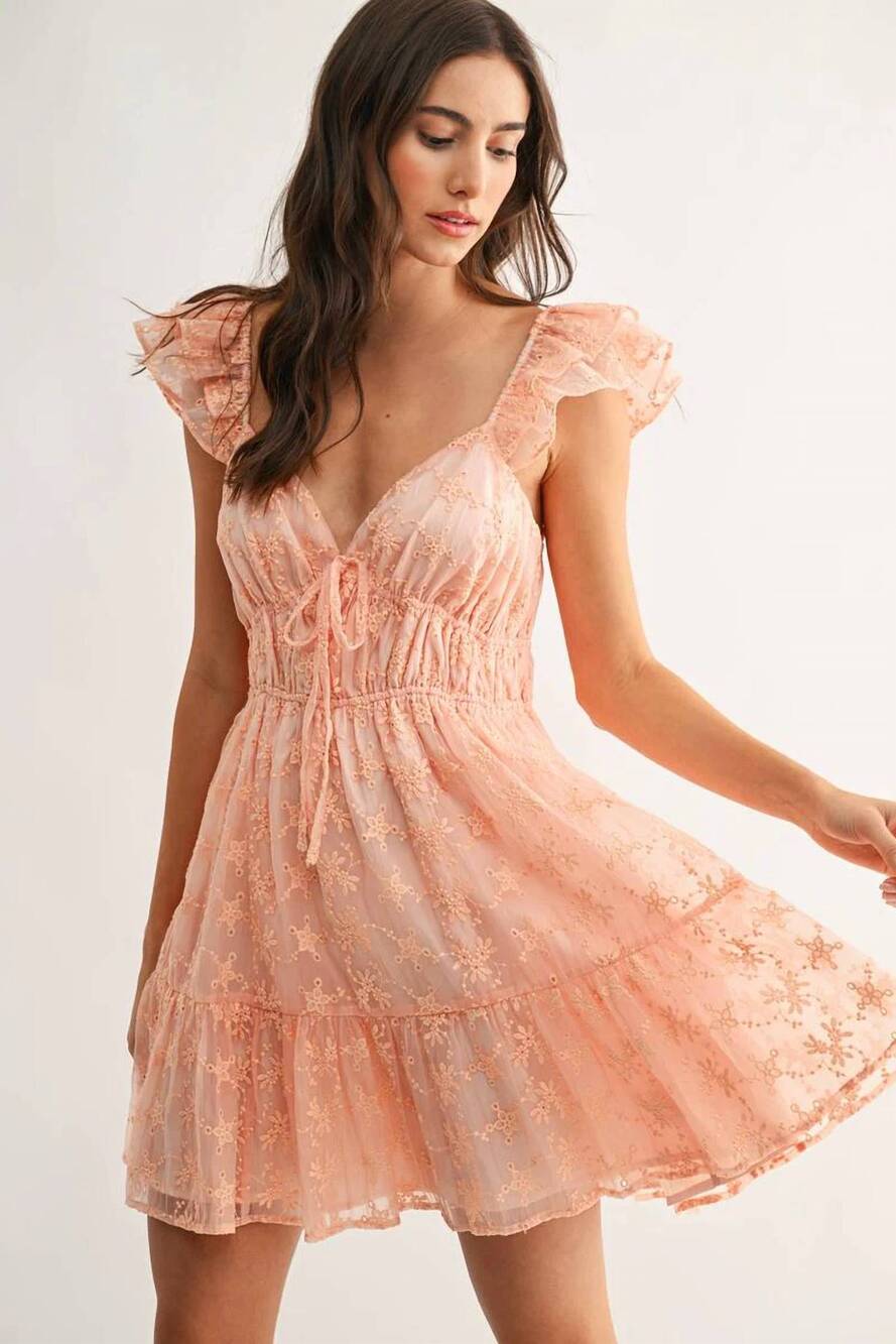 NEW CAMELLIA chiffon flutter embroidered sleeve mini dress in coral
